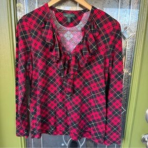 LRL Jeans Co Large Christmas Holiday Plaid Ruffle Long Sleeve Tee Shirt V Neck